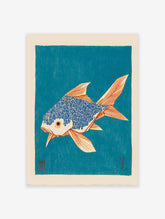 Japanese fish wall art print featuring a stylized blue and orange fish on a teal background in a woodblock style.