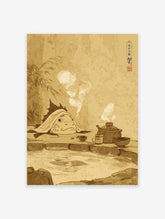 Japanese fish creature relaxing in a hot spring with a towel, teapot, and cups, in a vintage sepia illustration.