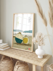 Japanese fishing floats print with blue and white, and yellow floats in nets on a textured, in an alternate framed mockup