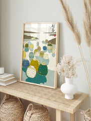 Illustrative Japanese fishing floats with netting in blue, green, and yellow on calm water, in an alternate framed mockup