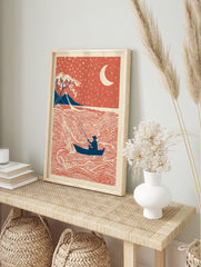 Japanese Fishing Wall Art showing a lone fisherman in a boat on red waves under a starry red sky with a moon and mountains. - Image 3