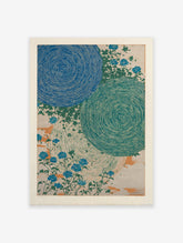 Japanese Floral poster featuring blue and green swirling patterns with delicate blue flowers and green leaves on a light background.