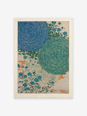 Japanese Floral poster featuring blue and green swirling patterns with delicate blue flowers and green leaves on a light background.