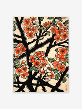 Japanese floral poster featuring vibrant orange blossoms, black branches, and green leaves in a traditional woodblock print style.