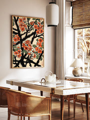 Japanese floral poster featuring vibrant orange blossoms, black branches, and green leaves in a traditional woodblock print style. - Image 2