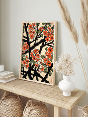 Japanese floral poster featuring vibrant orange blossoms, black branches, and green leaves in a traditional woodblock print style. - Image 4