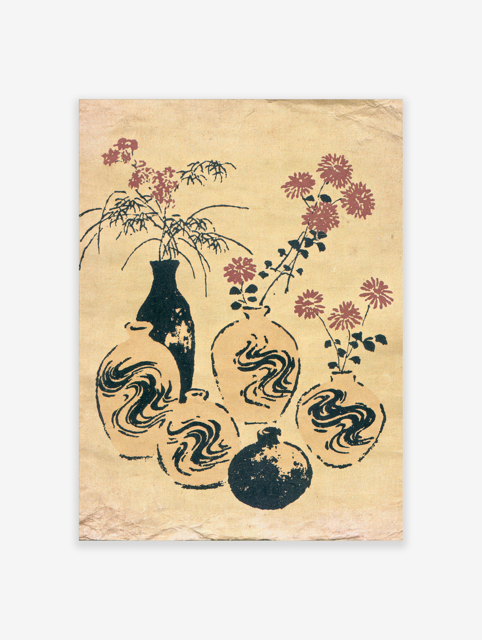 Japanese-style illustration of floral vases and abstract swirl patterns on a textured tan background