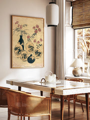 Japanese-style illustration of floral vases and abstract swirl patterns on a textured tan background, in a styled room mockup