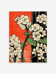 Japanese floral poster with cream flowers, green leaves, and black stems against a red and black striped background.