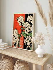 Japanese floral poster with cream flowers, green leaves, and black stems against a red and black striped background. - Image 4