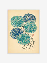Japanese floral wall art featuring five stylized teal and blue chrysanthemum flowers on a branch against a light beige background.