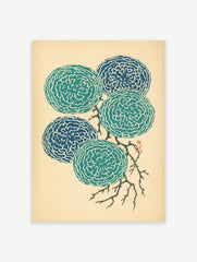 Japanese floral wall art featuring five stylized teal and blue chrysanthemum flowers on a branch against a light beige background.