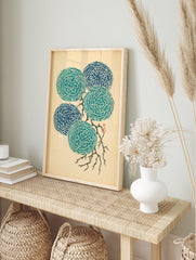 Japanese floral wall art featuring five stylized teal and blue chrysanthemum flowers on a branch against a light beige background. - Image 3