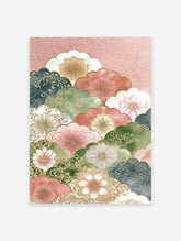 Japanese Floral Wall Art featuring vibrant multi-color flowers and gold-outlined cloud shapes on a textured pink background.