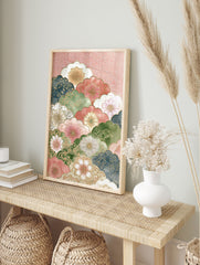 Japanese Floral Wall Art featuring vibrant multi-color flowers and gold-outlined cloud shapes on a textured pink background. - Image 3