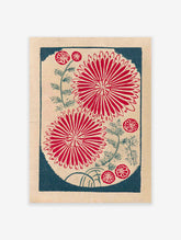 Vintage Japanese flower art print featuring two red chrysanthemums with green foliage on a beige background and dark teal border.