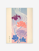 Japanese flower art print with purple iris, coral lotus, lilac chrysanthemum and blue leaves on a blue and pink ground