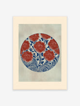Japanese flower wall art with red blossoms, blue leaves, and wave patterns in a circular design.