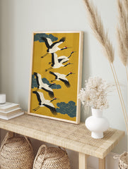 Japanese Flying Cranes poster featuring white cranes with black wings and red crowns flying against a yellow background with teal clouds. - Image 4