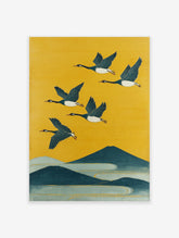 Japanese flying geese poster with a vibrant yellow sky, dark blue mountains, and light blue water in an illustrative style.