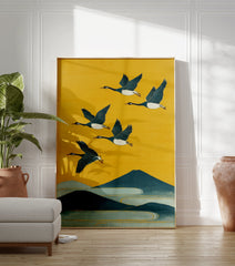 Japanese flying geese poster with a vibrant yellow sky, dark blue mountains, and light blue water in an illustrative style. - Image 3