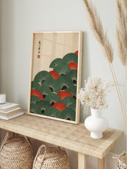 Japanese folding fans wall art with overlapping green and red fans, white radial lines, and, in an alternate framed mockup