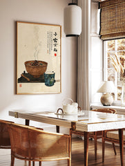 Japanese food art print with a steaming bowl of noodles, a patterned cup, and calligraphy on vintage paper. - Image 3