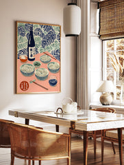 Japanese food poster illustration of gyoza, sake bottle, and drinks on a pink table with tropical leaf background. - Image 2