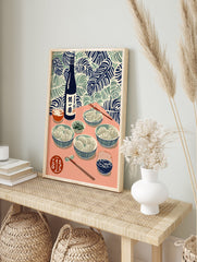 Japanese food poster illustration of gyoza, sake bottle, and drinks on a pink table with tropical leaf background. - Image 4