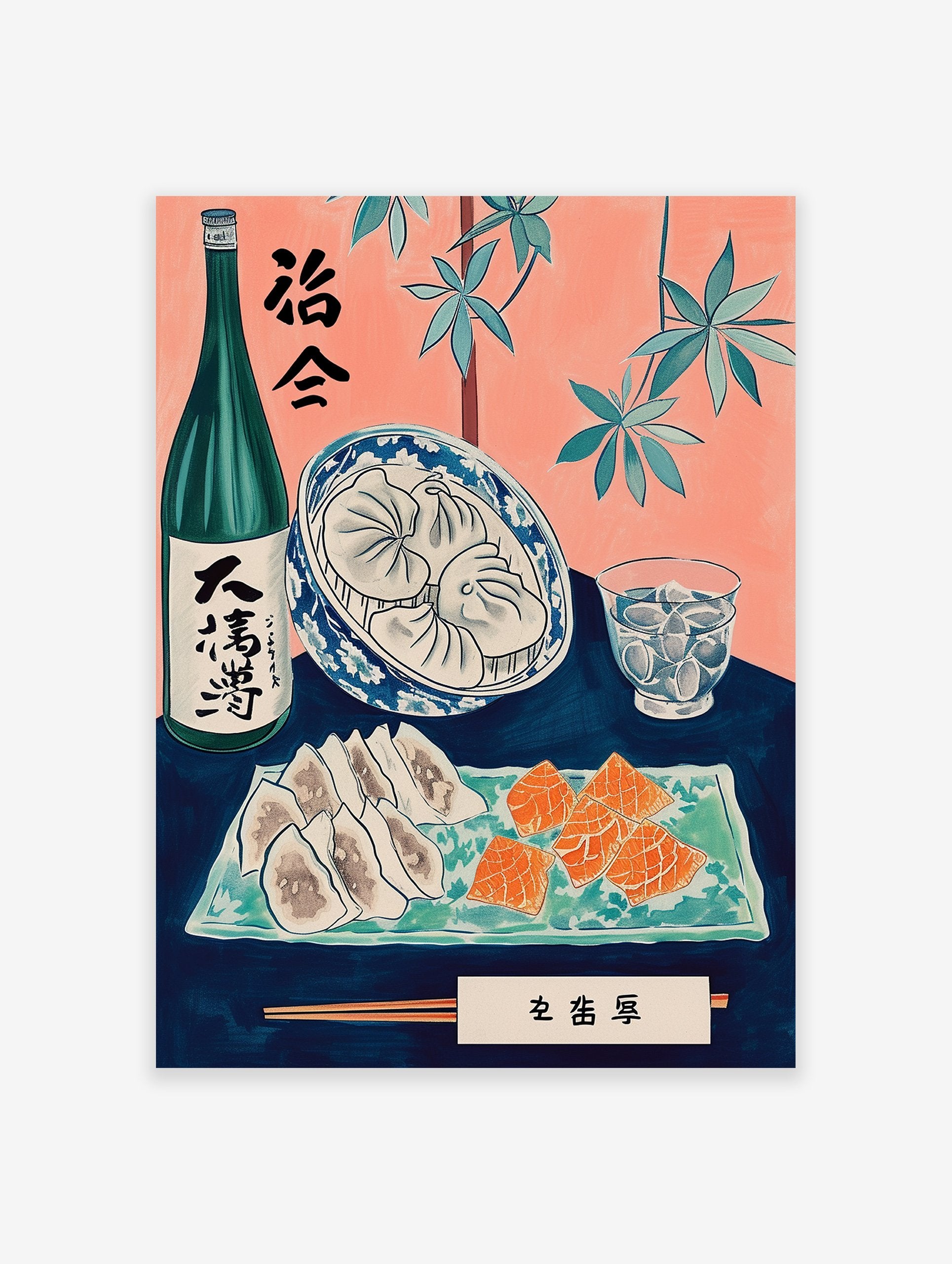 Japanese Food Poster with sake bottle, dumplings, and salmon sashimi on a blue table with pink background.