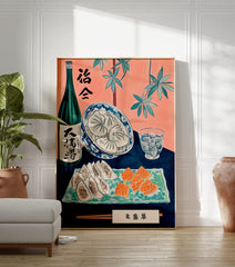 Japanese Food Poster with sake bottle, dumplings, and salmon sashimi on a blue table with pink background. - Image 3