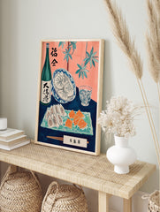 Japanese Food Poster with sake bottle, dumplings, and salmon sashimi on a blue table with pink background. - Image 4