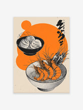 Japanese food poster featuring illustrated shrimp ramen and dumplings in bowls with an orange background.