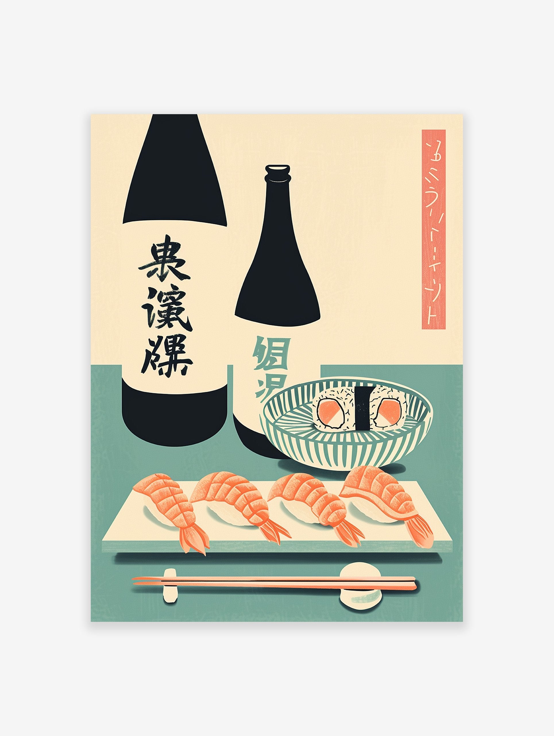 Japanese food poster featuring sushi, shrimp nigiri, maki rolls, and two sake bottles with chopsticks on a teal background.