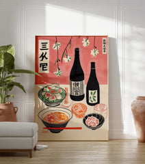 Japanese Food Poster featuring a table with traditional cuisine, sake bottles, and cherry blossoms in an illustrative style. - Image 3