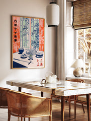 Japanese Food Poster illustration of traditional dishes on a table with bamboo outside a window, in orange and blue tones. - Image 2