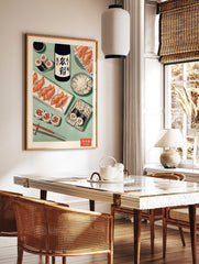 Japanese food illustration with sushi, sake bottle, and chopsticks on a green background, featuring, in a styled room mockup