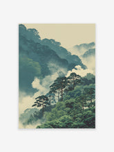 Japanese Forest Landscape Poster featuring misty green mountains, blue distant peaks, and tall pine trees in an illustrative style.