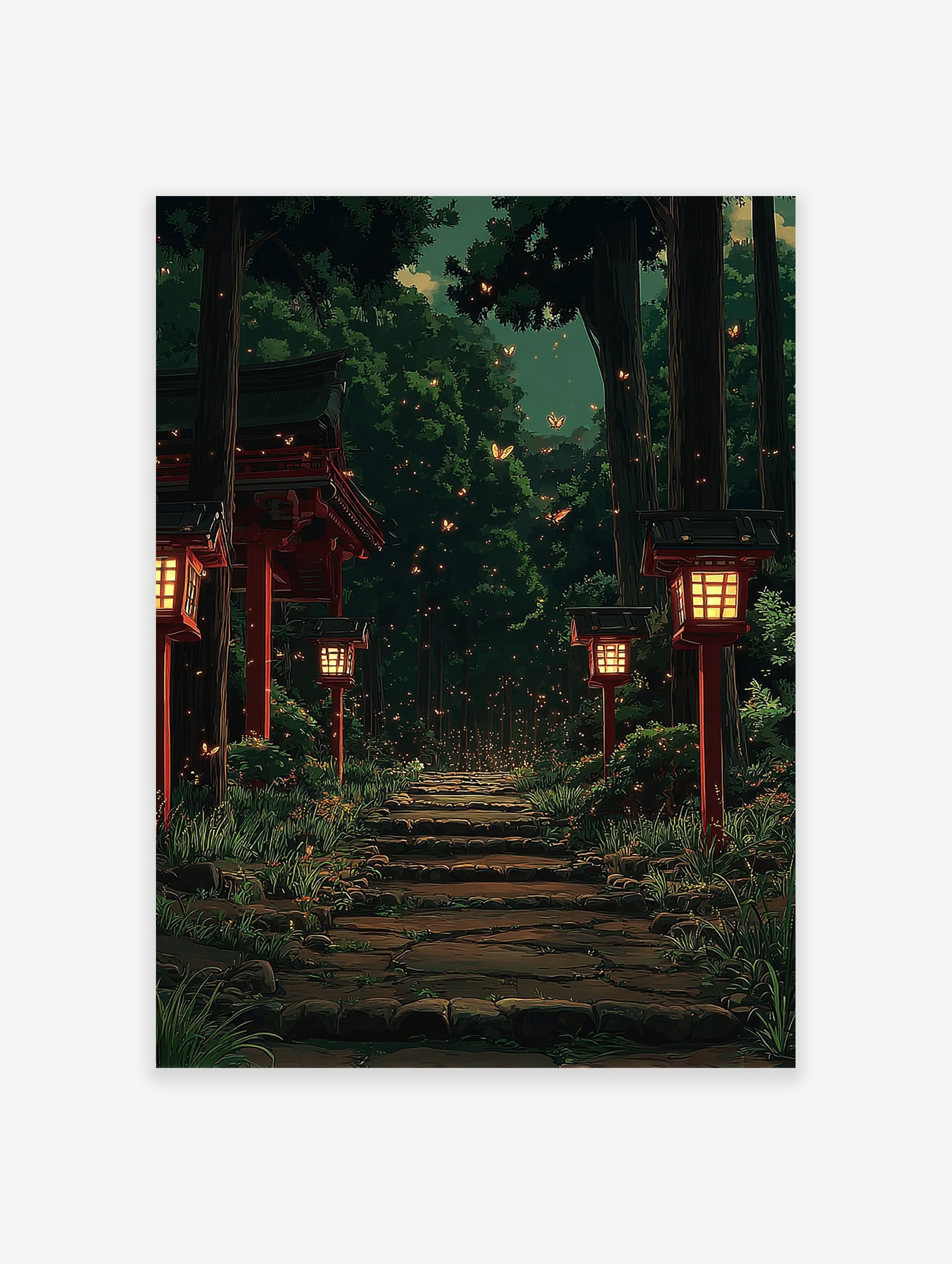 Japanese Forest Poster showing a stone path through a dark forest, lit by red lanterns and glowing fireflies.