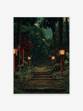 Japanese Forest Poster showing a stone path through a dark forest, lit by red lanterns and glowing fireflies.