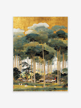 Japanese forest village poster with tall green trees, gold sky, and traditional houses