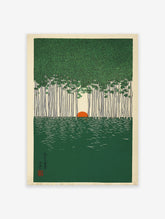 Japanese forest landscape wall art featuring tall green trees, an orange sun, and green water, in a woodblock print style.