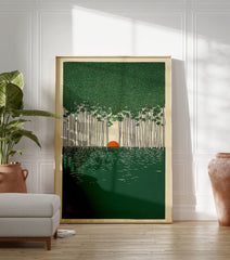Japanese forest landscape wall art featuring tall green trees, an orange sun, and green water, in a woodblock print style. - Image 3
