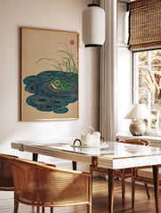 Japanese Ukiyo-e style frog art print featuring a green frog in a pond with water ripples and tall grass. - Image 2