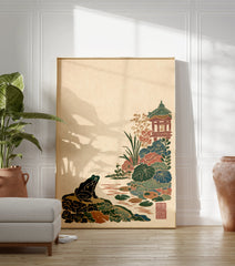 Japanese frog illustration by a pond with water lilies, a pagoda, and plants in traditional woodblock print style. - Image 3
