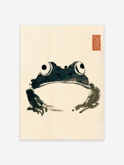 Minimalist Japanese sumi-e ink wash frog art print on a light beige background with a red artist's seal.