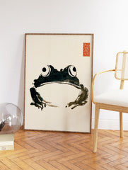 Minimalist Japanese sumi-e ink wash frog art print on a light beige background with a red artist's seal. - Image 2
