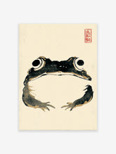 Traditional Japanese Sumi-e style frog art print with black ink and beige details on a cream background, red stamp.