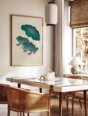 Japanese frog art print showing two teal frogs with patterned skin holding a large green lotus leaf as an umbrella. - Image 3