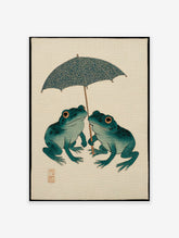 Japanese Frog Art print of two teal frogs with orange eyes sharing a patterned blue umbrella on a beige background.